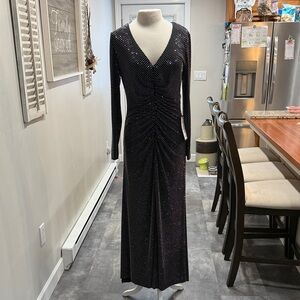 Xscape Black Long Sleeve V-Neck Ruched Evening Gown